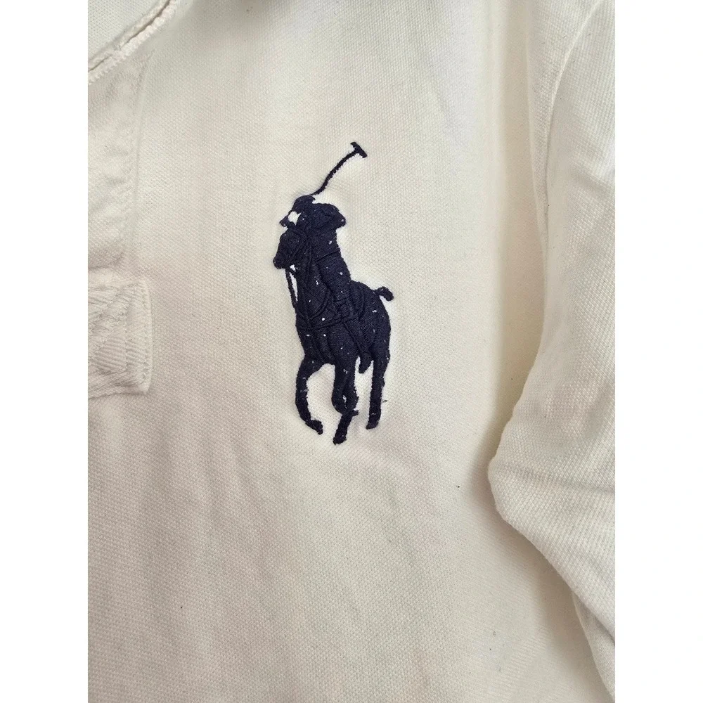 Vintage Polo Ralph Lauren Mens Rugby Shirt White Navy Trim Big Pony Logo Size LT